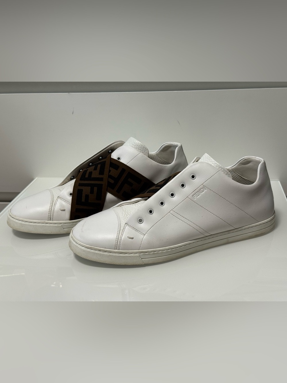 Fendi White Leather Slip-On Sneakers with FF Fendi Logo Cross Strap